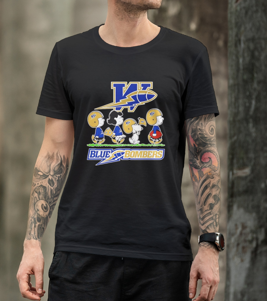 Peanuts Characters Winnipeg Blue Bombers CFL Collaboration Charlie Brown Snoopy Lucy Football Helmets T-Shirt