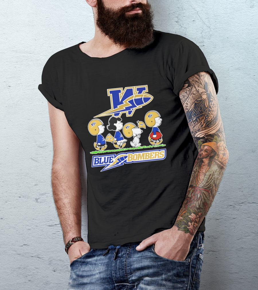 Peanuts Characters Winnipeg Blue Bombers CFL Collaboration Charlie Brown Snoopy Lucy Football Helmets T-Shirt