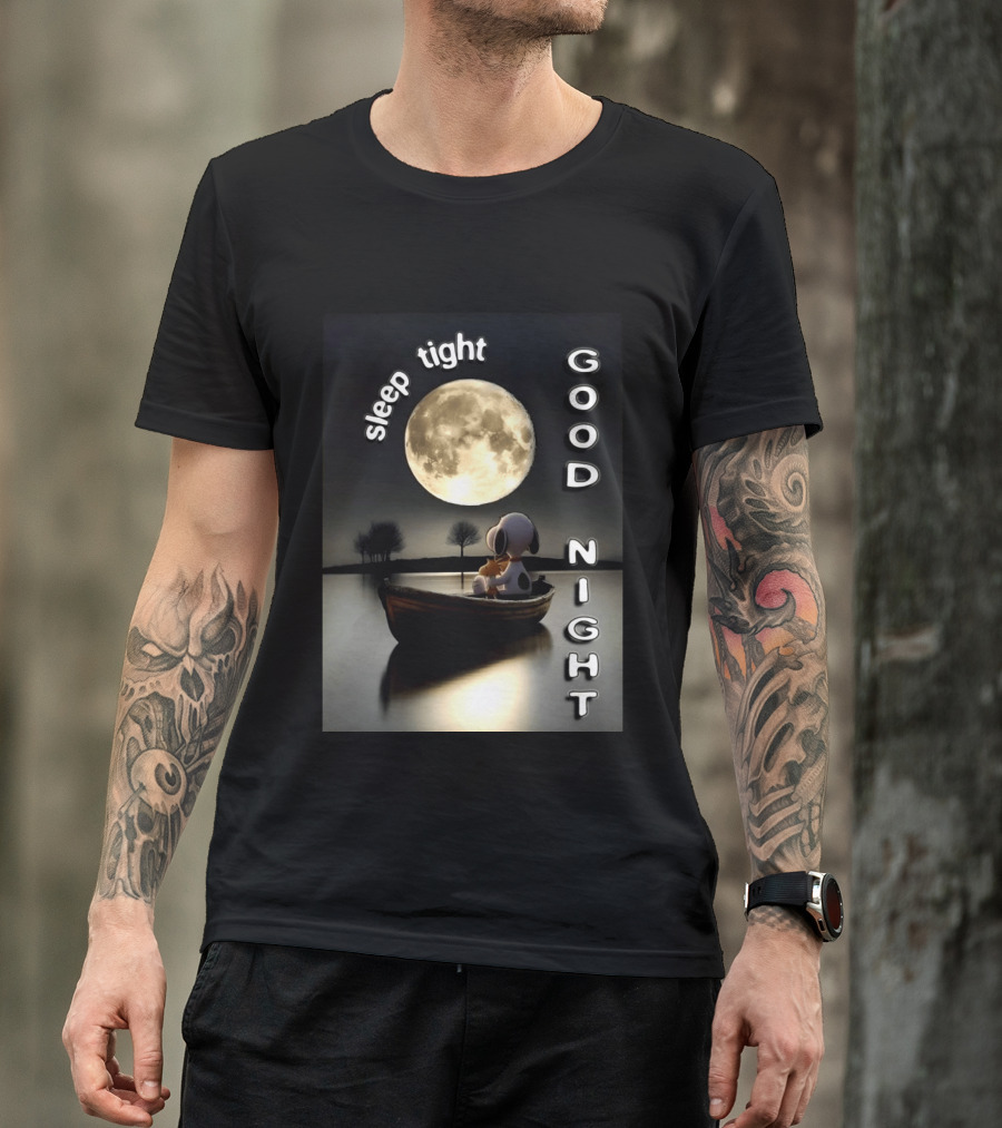 Sleep Tight Good Night Snoopy And Woodstock Moonlight Boat Scene T-Shirt