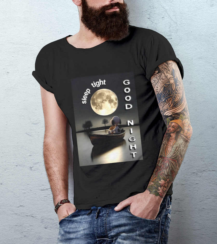 Sleep Tight Good Night Snoopy And Woodstock Moonlight Boat Scene T-Shirt