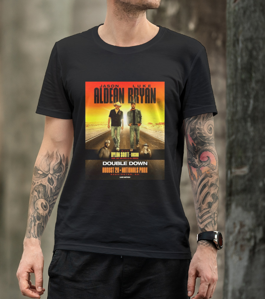 Jason Aldean Luke Bryan Double Down August 20 Nationals Park Washington D.C. With Dylan Scott Dasha Dee Jay Silver Dj Rock Live Nation T-Shirt