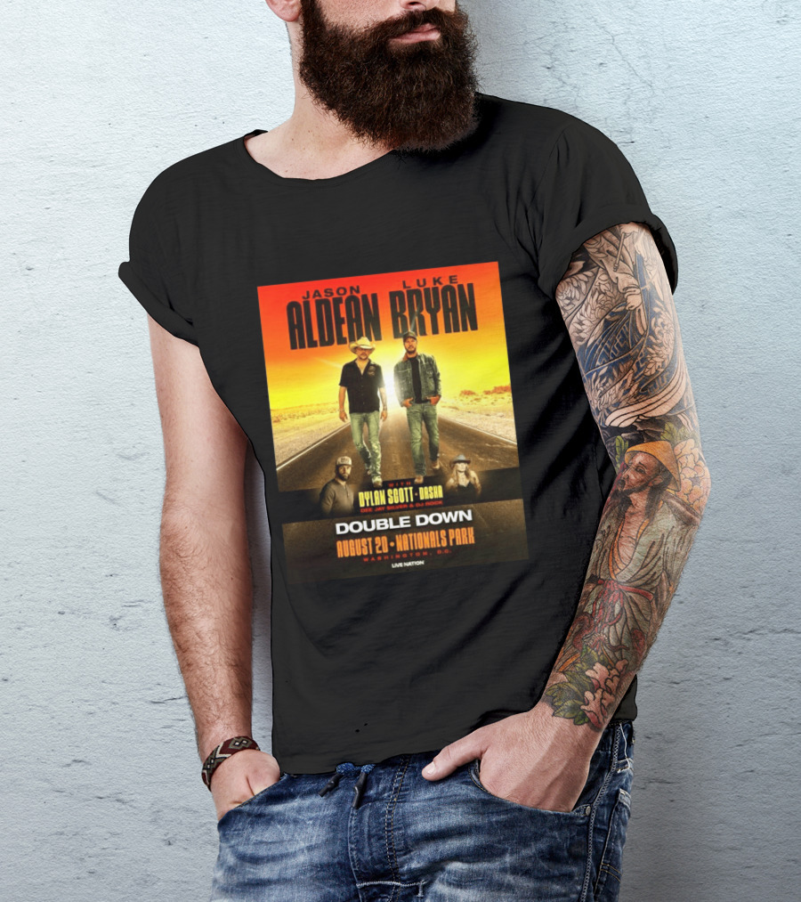 Jason Aldean Luke Bryan Double Down August 20 Nationals Park Washington D.C. With Dylan Scott Dasha Dee Jay Silver Dj Rock Live Nation T-Shirt