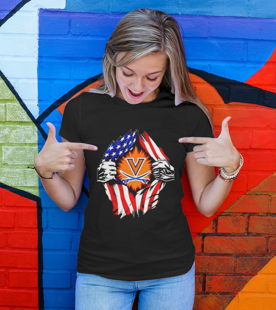 Virginia Cavaliers American Flag Ripped Chest V T-Shirt