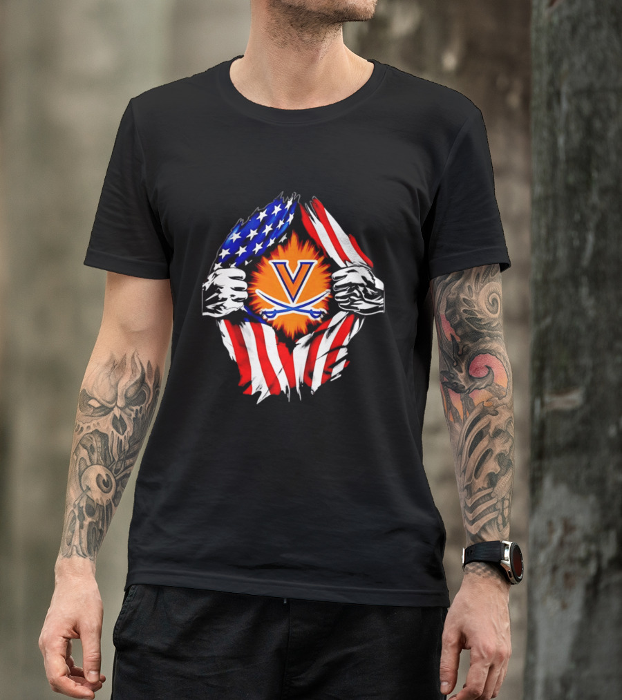 Virginia Cavaliers American Flag Ripped Chest V T-Shirt