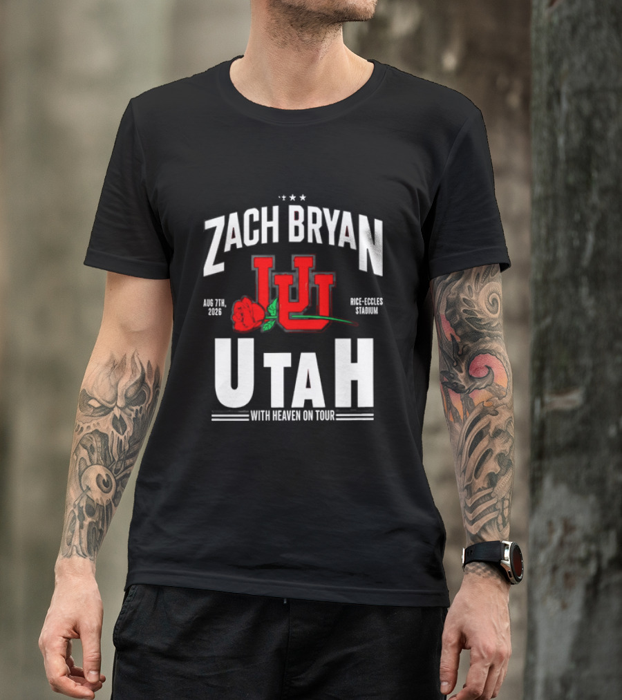 Zach Bryan Utah Rice Eccles Stadium Aug 7th 2026 With Heaven On Tour Red Rose JJJ T-Shirt
