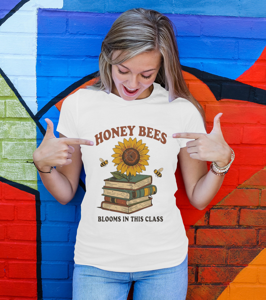 Honey Bees Blooms In This Class Sunflower And Books T-Shirt