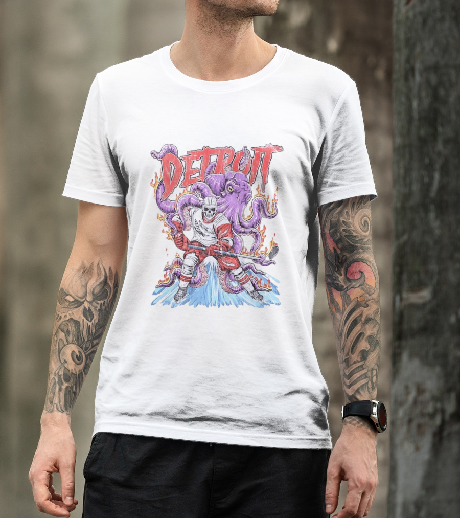 Detroit Red Wings Skeleton Hockey Octopus Distressed T-Shirt