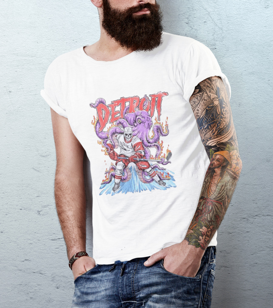 Detroit Red Wings Skeleton Hockey Octopus Distressed T-Shirt