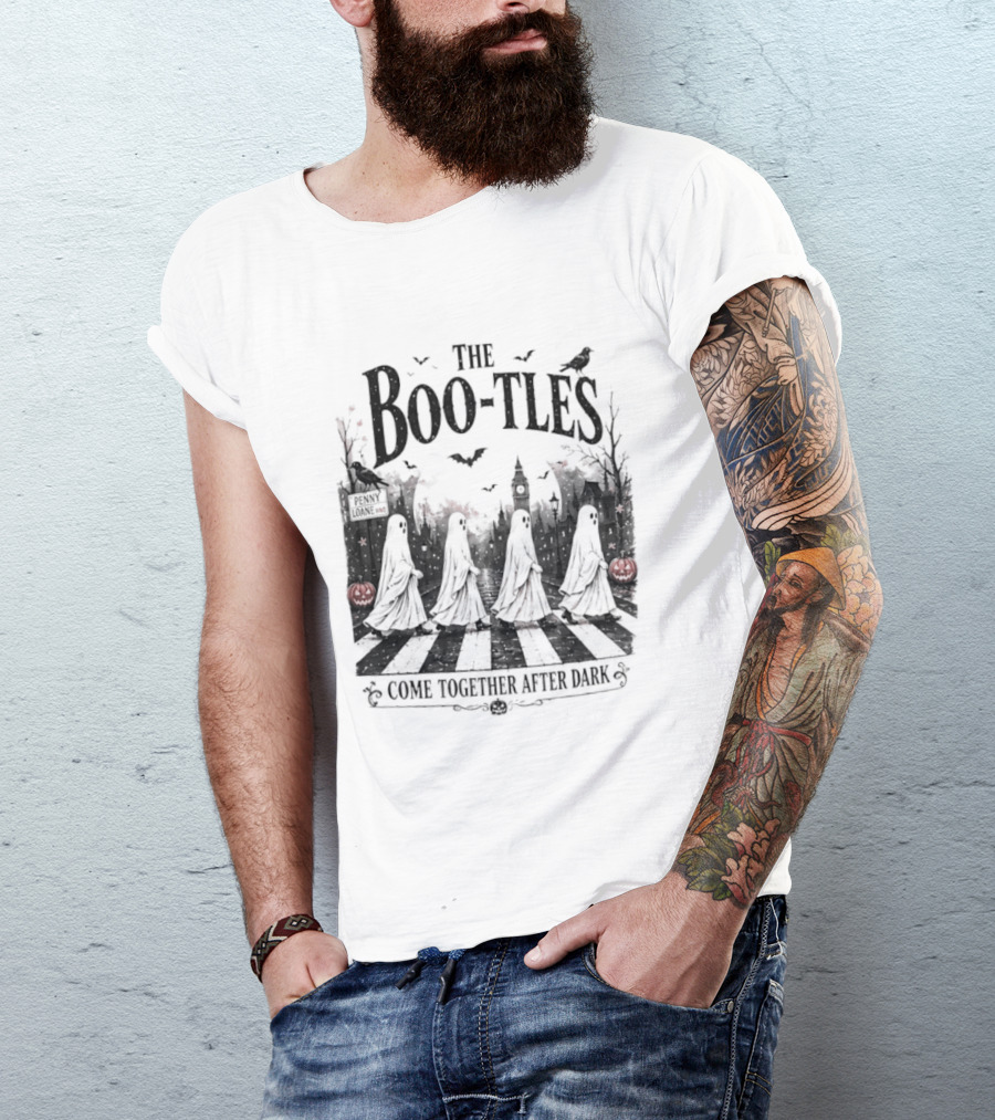 The Boo Tles Come Together After Dark Halloween Ghostly Abbey Road Bats Pumpkins T-Shirt
