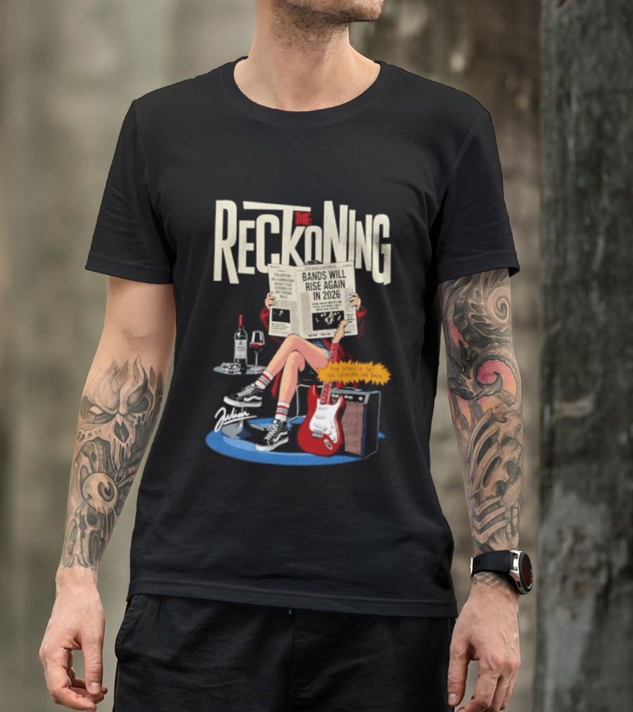 The Reckoning Bands Will Rise Again 2026 Woman Reading Newspaper Red Electric Guitar Amp T-Shirt