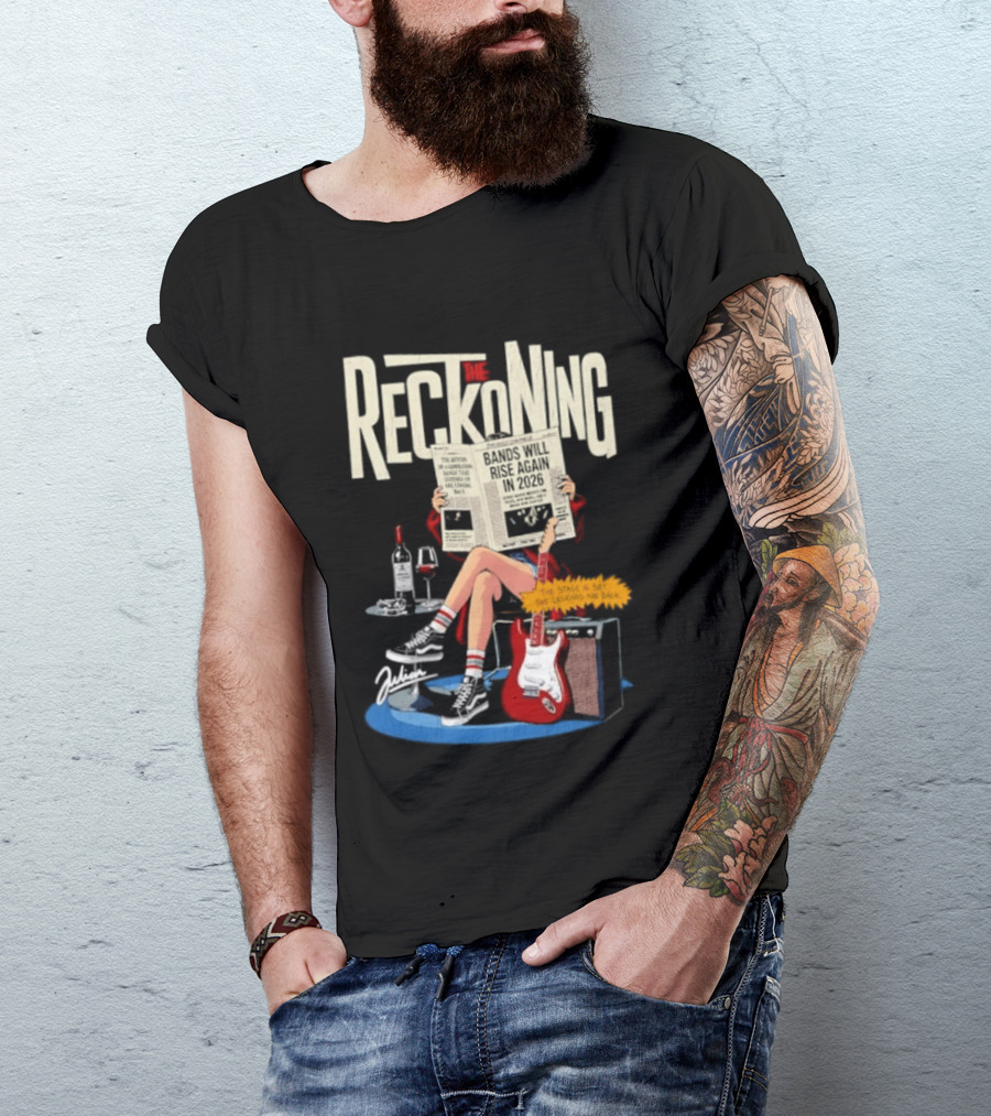 The Reckoning Bands Will Rise Again 2026 Woman Reading Newspaper Red Electric Guitar Amp T-Shirt