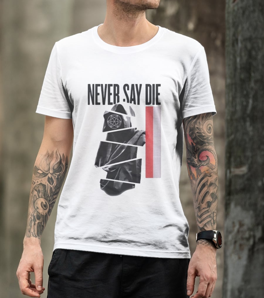 Never Say Die Hooded Occult Figure With Pentagram Halftone T-Shirt