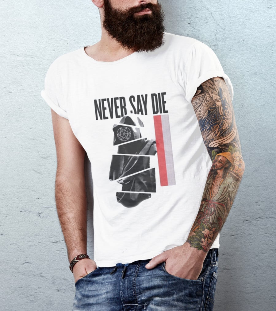 Never Say Die Hooded Occult Figure With Pentagram Halftone T-Shirt