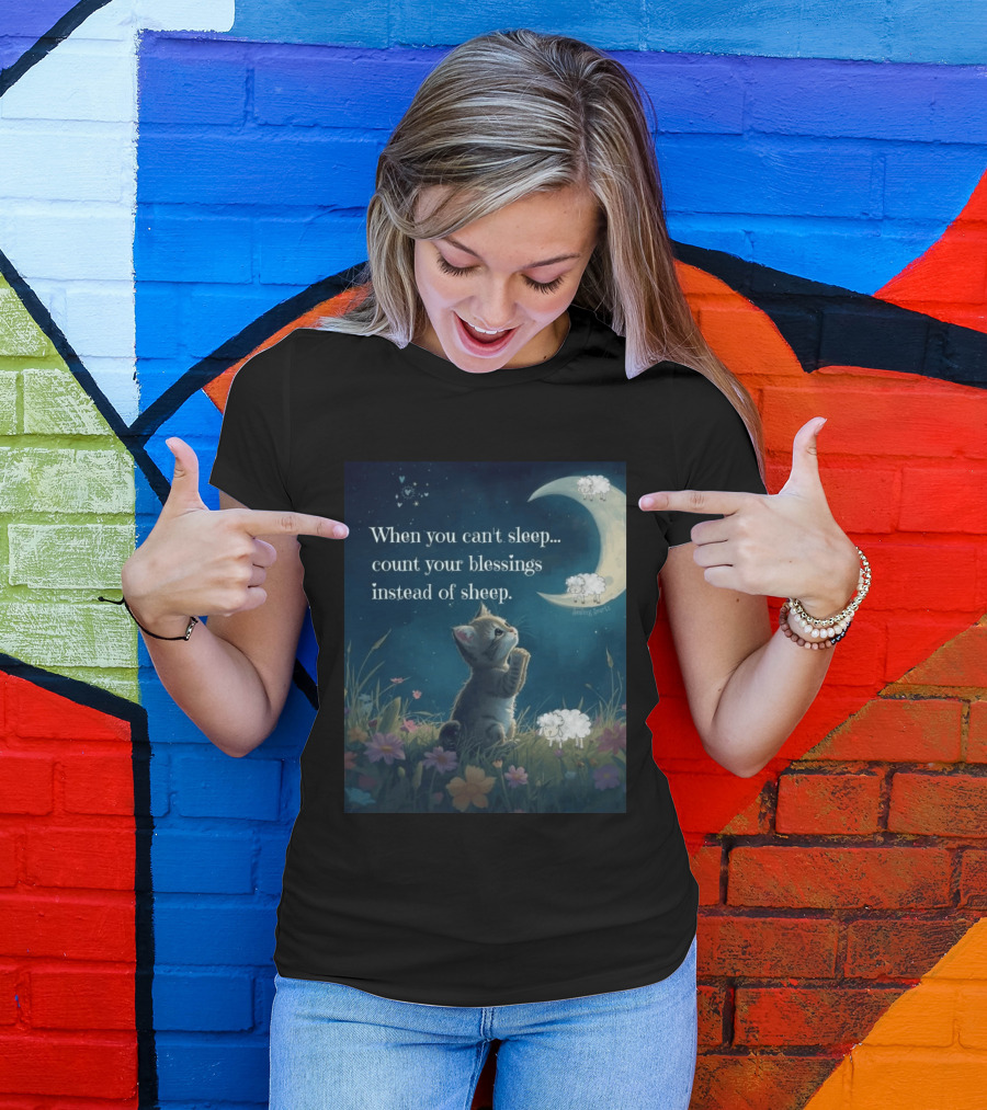 Cat When You Can't Sleep Count Your Blessings Instead Of Sheep Healing Vibes Moon Sheep Flowers T-Shirt