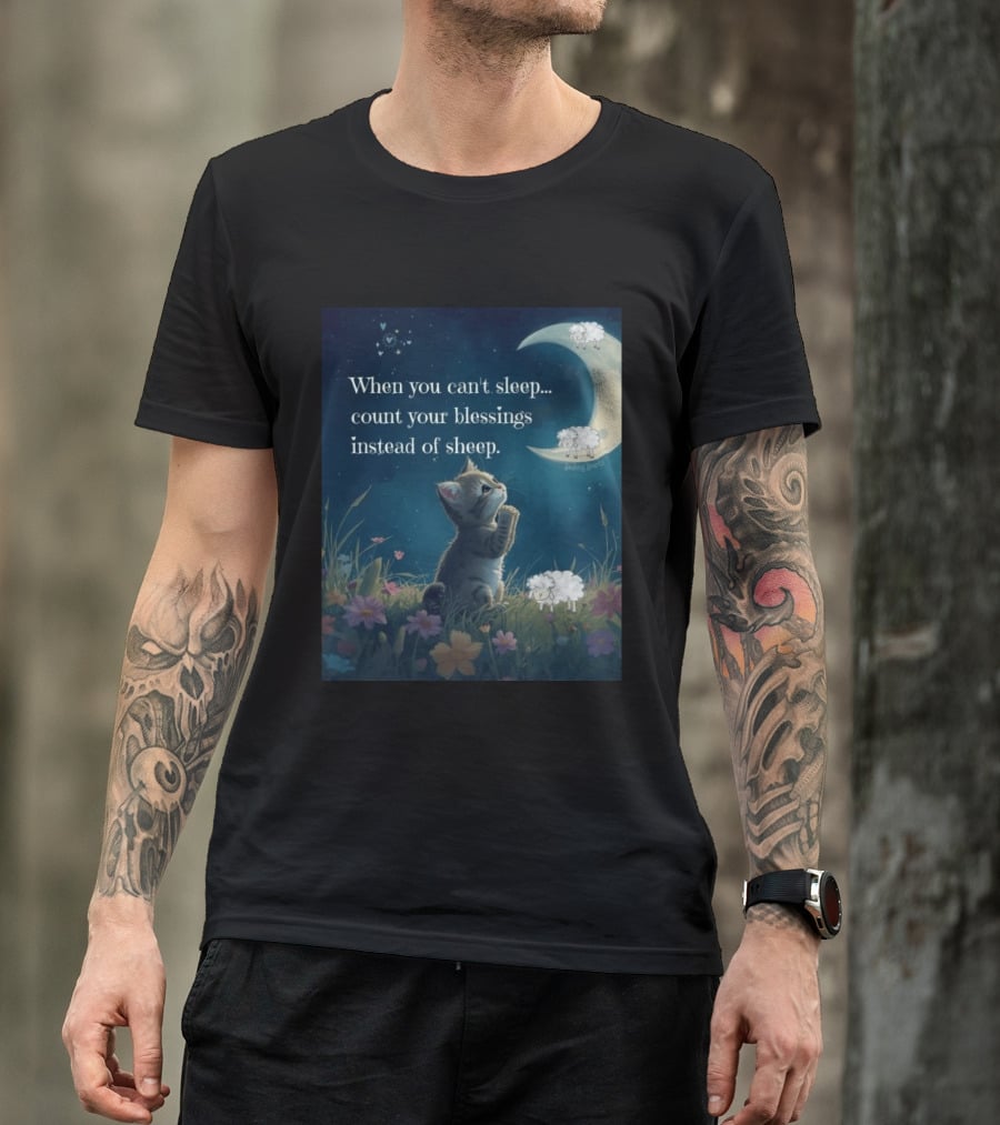 Cat When You Can't Sleep Count Your Blessings Instead Of Sheep Healing Vibes Moon Sheep Flowers T-Shirt