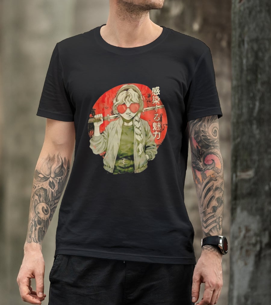 Anime Katana Girl Infectious Charm Heart Sunglasses Braided Hair T-Shirt