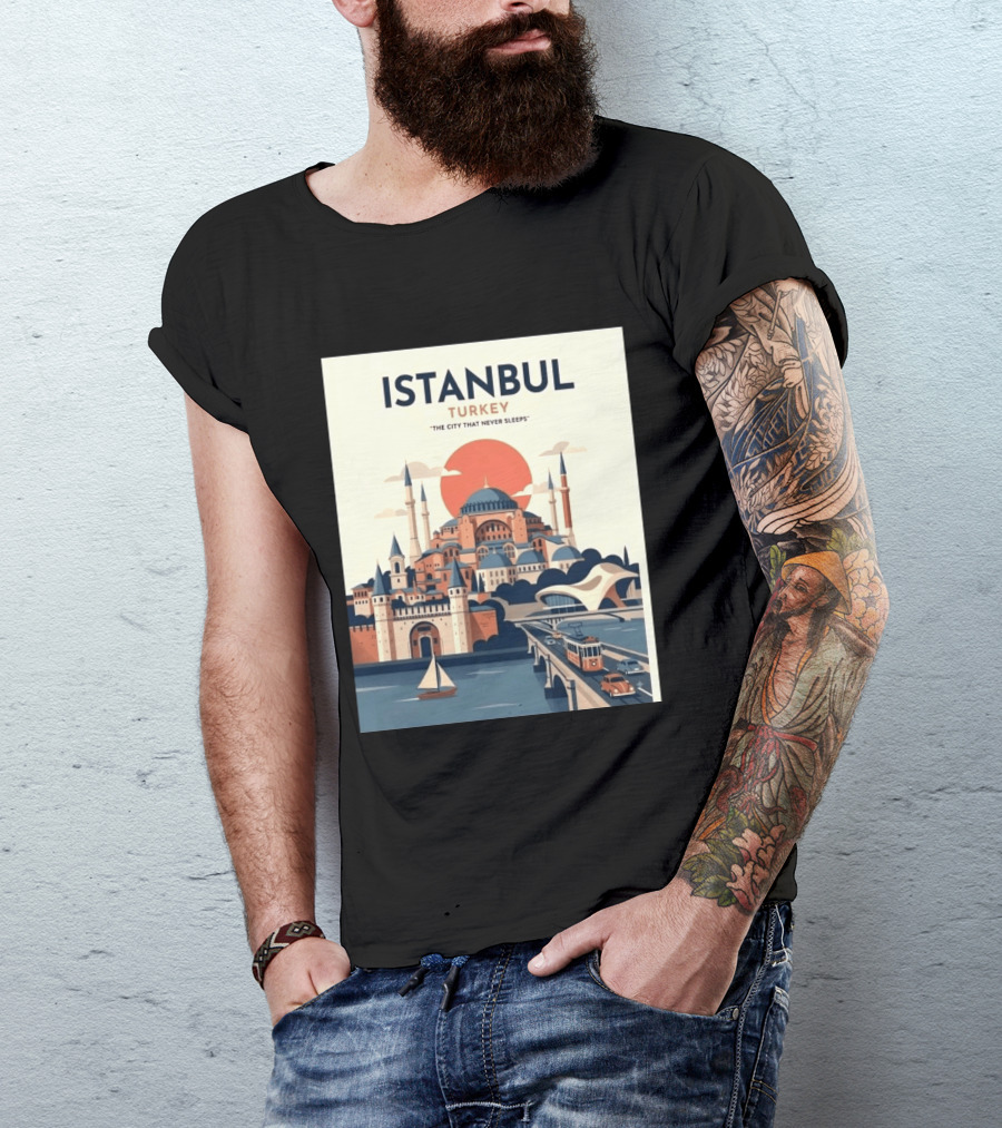 Istanbul Turkey The City That Never Sleeps Iconic Landmarks Urban Skyline Retro Style Scenic Tram And Sailboat T-Shirt