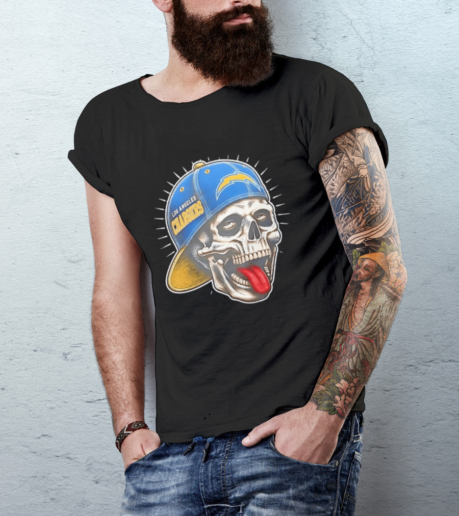 Los Angeles Chargers Skull Tongue Out Cap Football T-Shirt