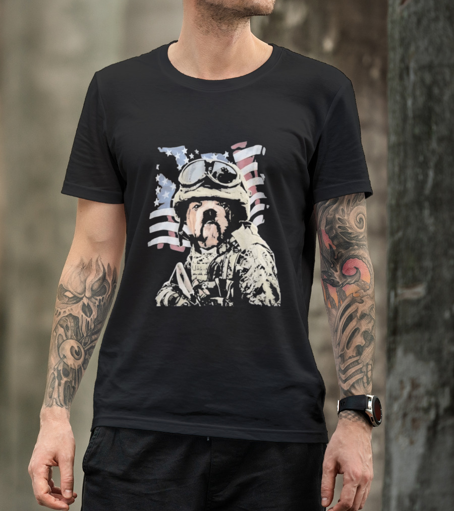 American Bulldog Soldier With United States Flag Goggles And Military Gear T-Shirt