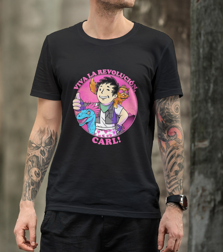 Viva La Revolución Carl Fallout Vault Boy Dinosaur Cat T-Shirt
