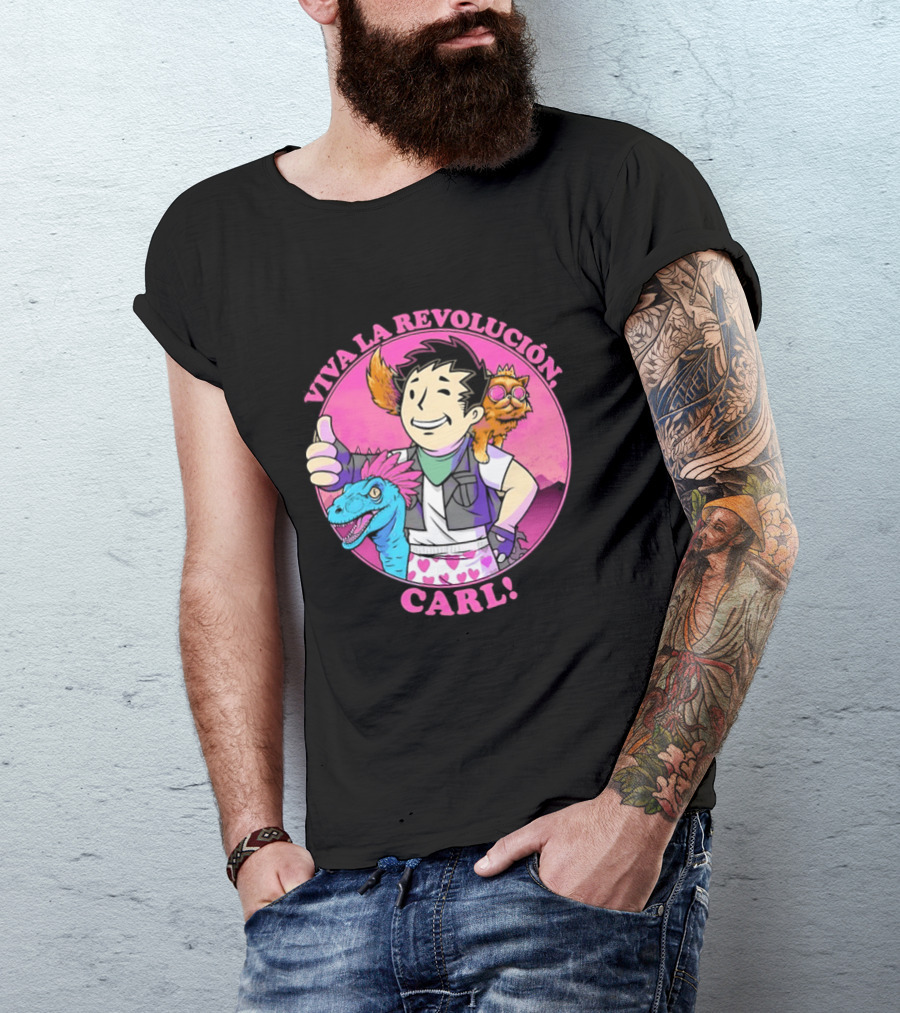 Viva La Revolución Carl Fallout Vault Boy Dinosaur Cat T-Shirt
