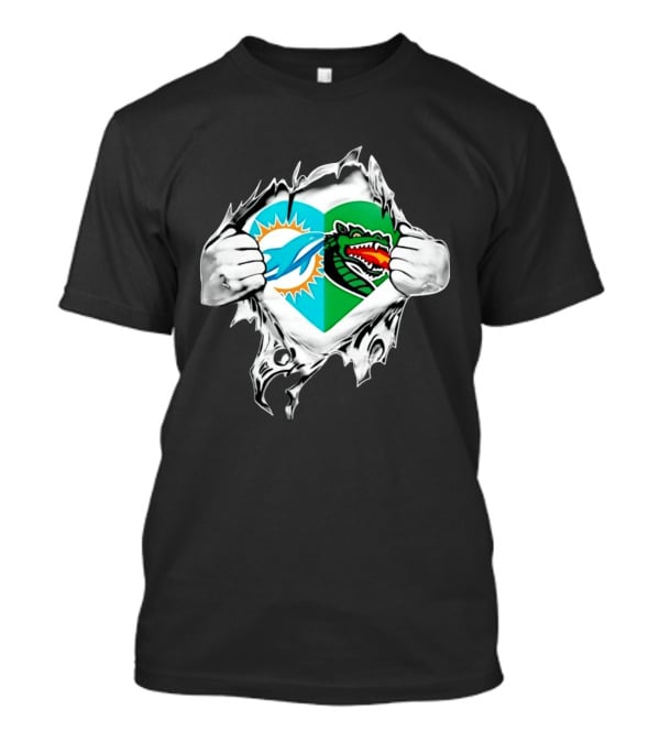 Miami Dolphins UAB Blazers Heart Superman Chest Rip T-Shirt