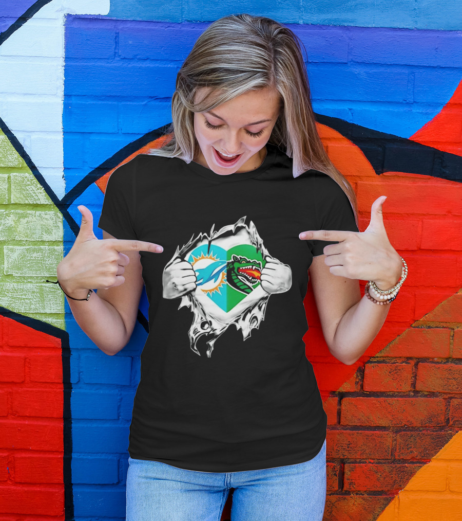Miami Dolphins UAB Blazers Heart Superman Chest Rip T-Shirt