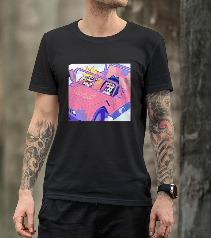 Panty And Stocking With Garterbelt Anime Characters Riding In Pink Car T-Shirt