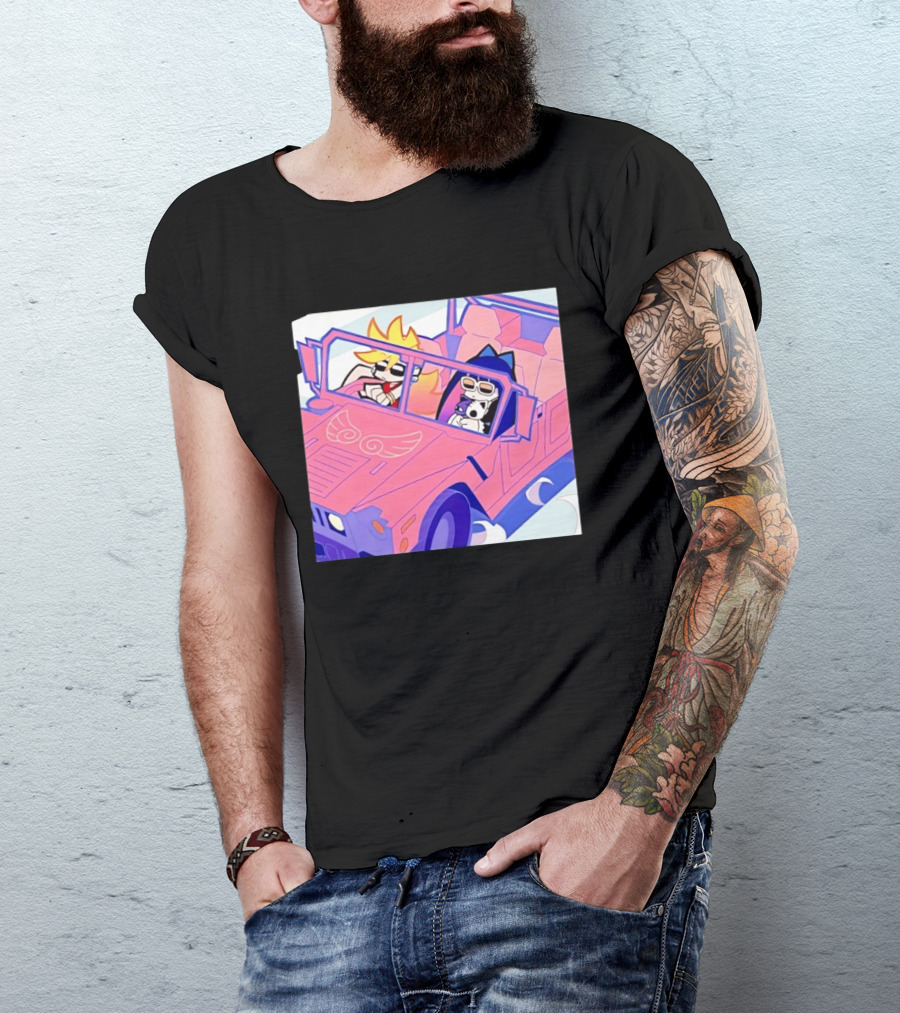 Panty And Stocking With Garterbelt Anime Characters Riding In Pink Car T-Shirt