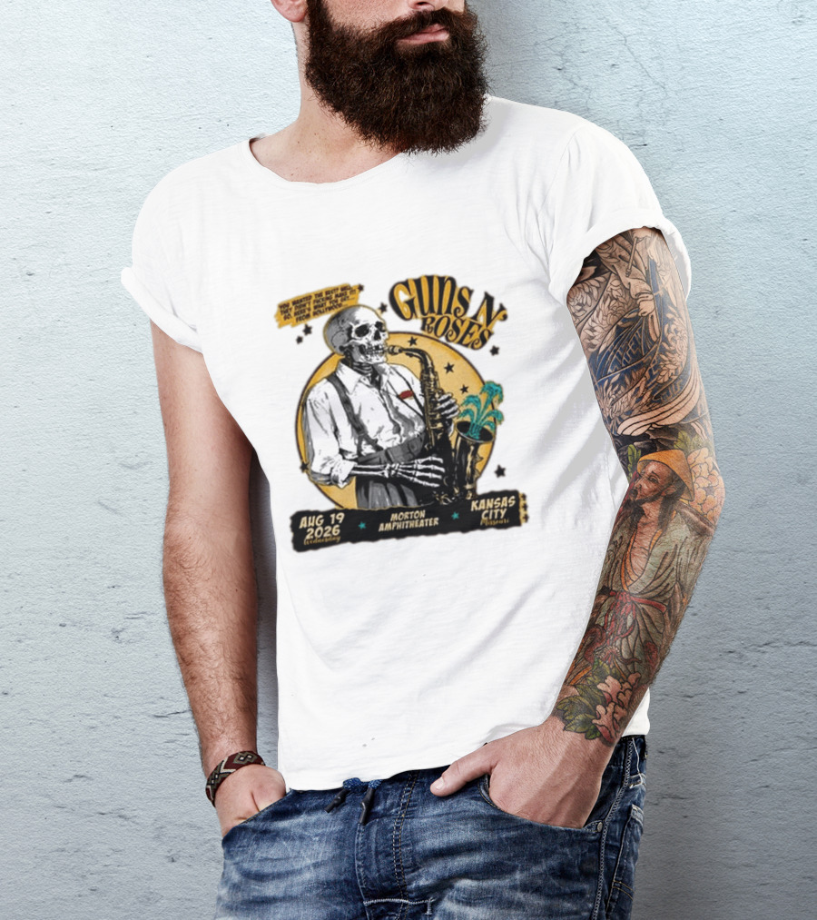 Guns N' Roses Aug 19 2026 Morton Amphitheater Kansas City Skeleton Saxophone T-Shirt