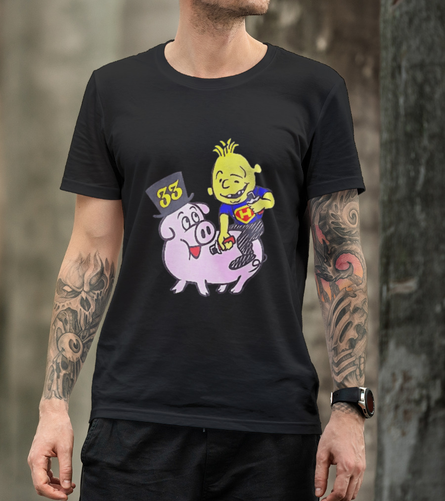 33 Cartoon Boy Yellow Hair Riding Pink Pig Black Top Hat H Hero T-Shirt