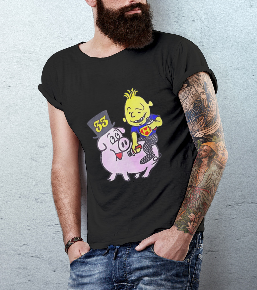 33 Cartoon Boy Yellow Hair Riding Pink Pig Black Top Hat H Hero T-Shirt