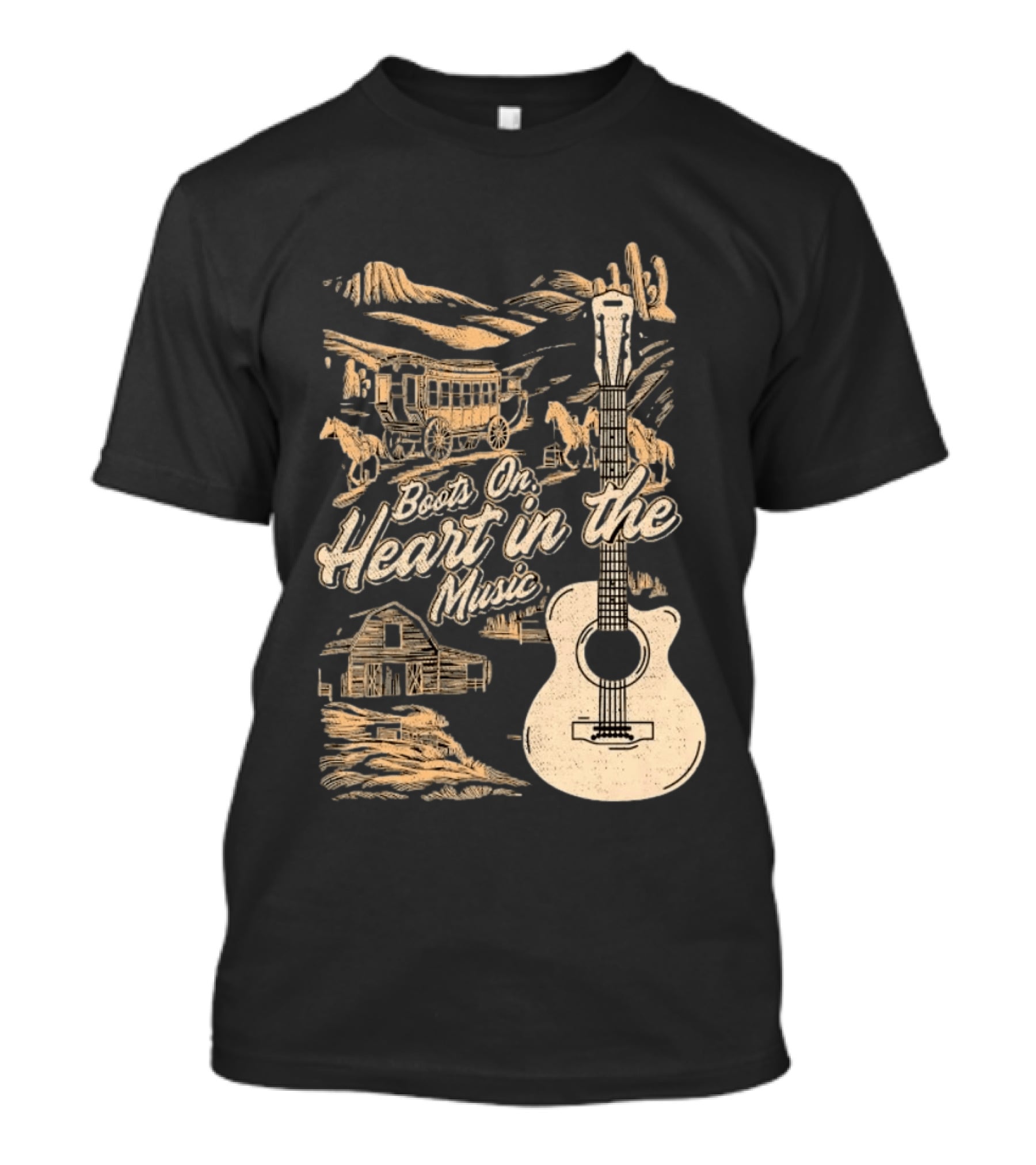 Boots On Heart In The Music Acoustic Guitar Cowboy Stagecoach Barn Scene T-Shirt