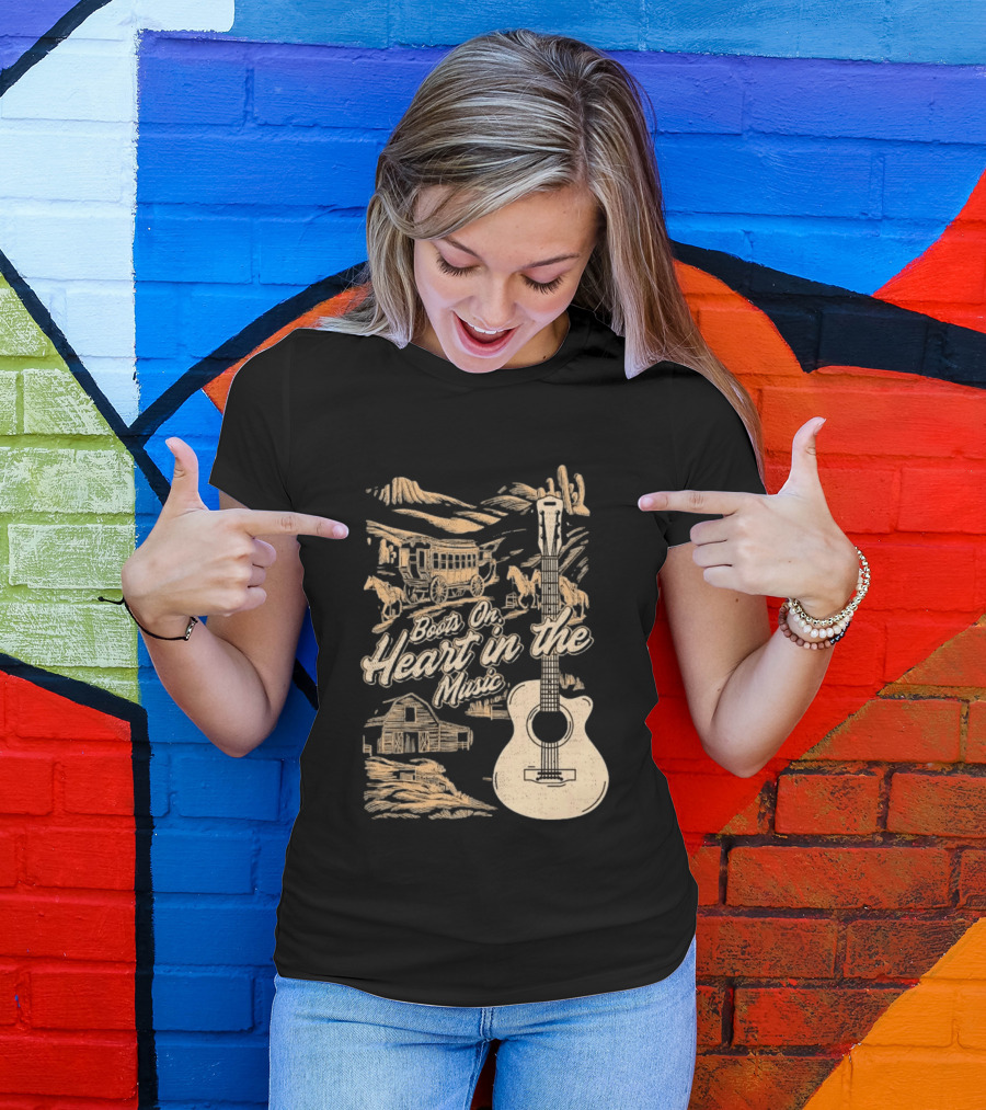 Boots On Heart In The Music Acoustic Guitar Cowboy Stagecoach Barn Scene T-Shirt