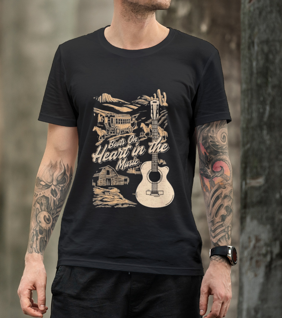 Boots On Heart In The Music Acoustic Guitar Cowboy Stagecoach Barn Scene T-Shirt
