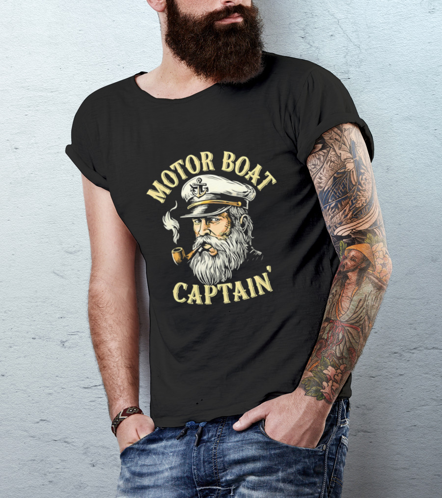 Motor Boat Captain Nautical Sea Sailor Pipe Smoking Beard T-Shirt