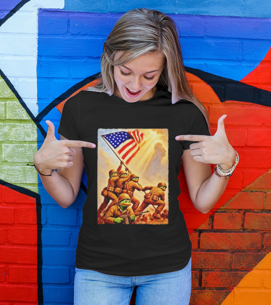 Pepe The Frog American Flag Soldiers Together We Win WWII Iwo Jima Memorial T-Shirt