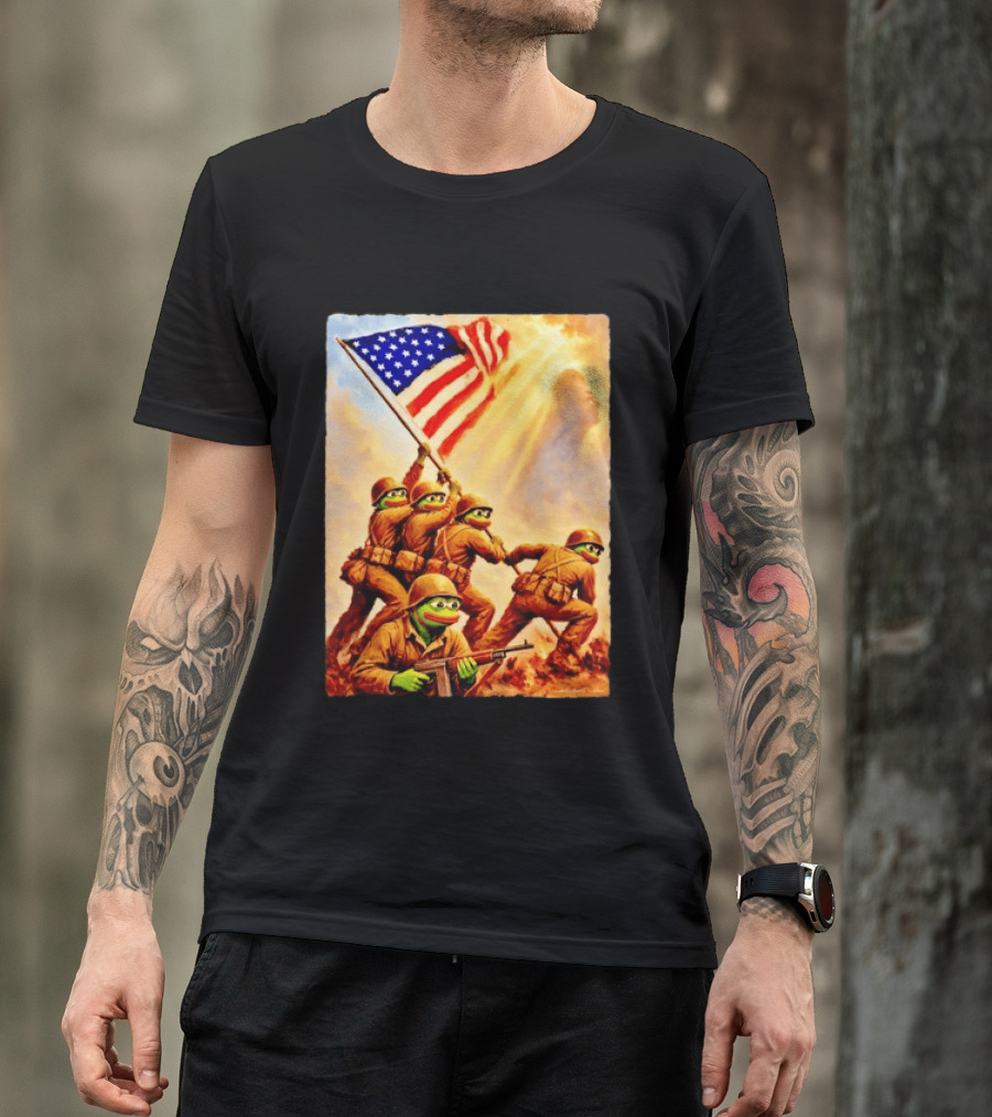 Pepe The Frog American Flag Soldiers Together We Win WWII Iwo Jima Memorial T-Shirt