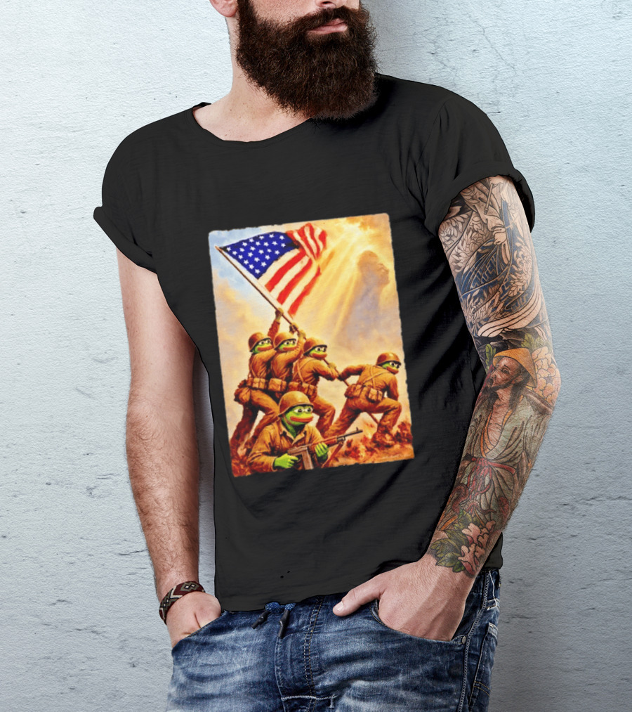Pepe The Frog American Flag Soldiers Together We Win WWII Iwo Jima Memorial T-Shirt
