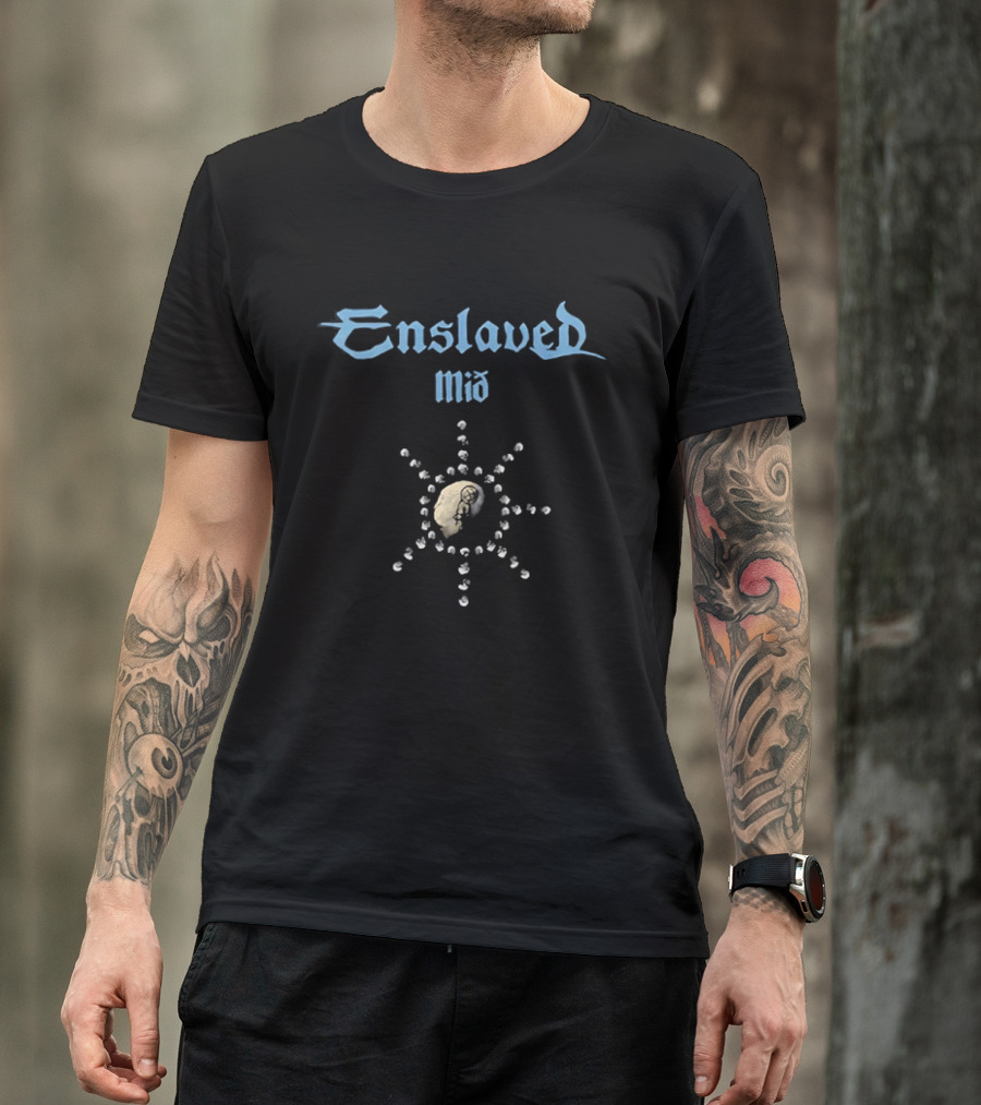 Enslaved Mið Sunburst Symbol Nordic Black Metal Band T-Shirt