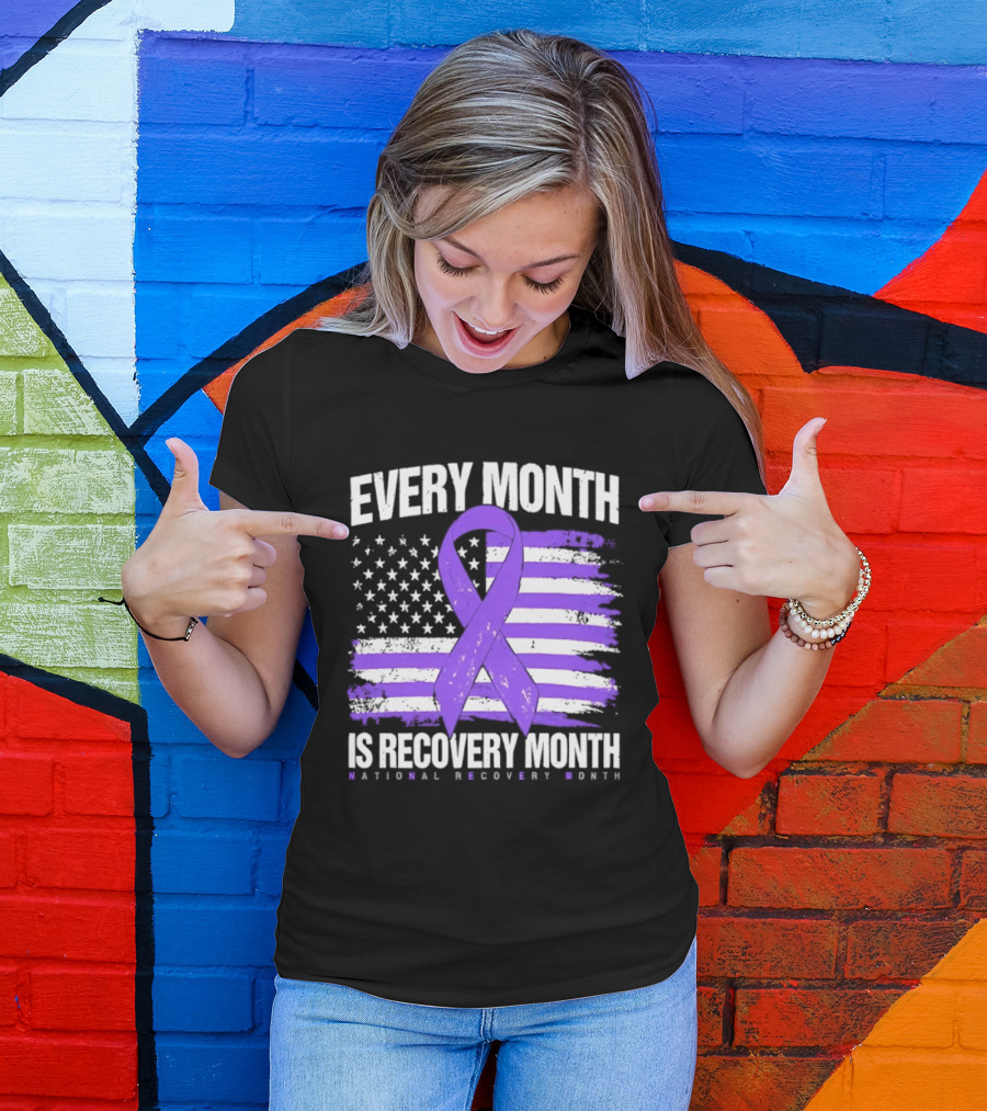 Every Month Is Recovery Month Purple Ribbon American Flag National Recovery Month T-Shirt