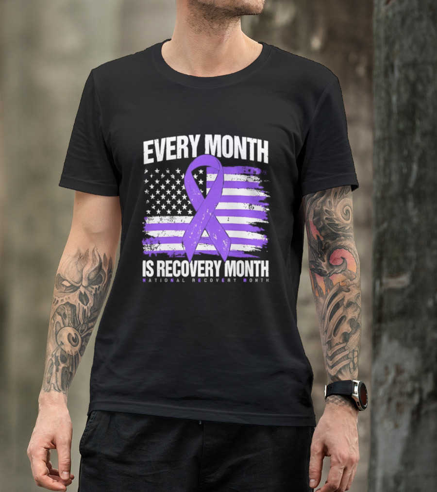 Every Month Is Recovery Month Purple Ribbon American Flag National Recovery Month T-Shirt