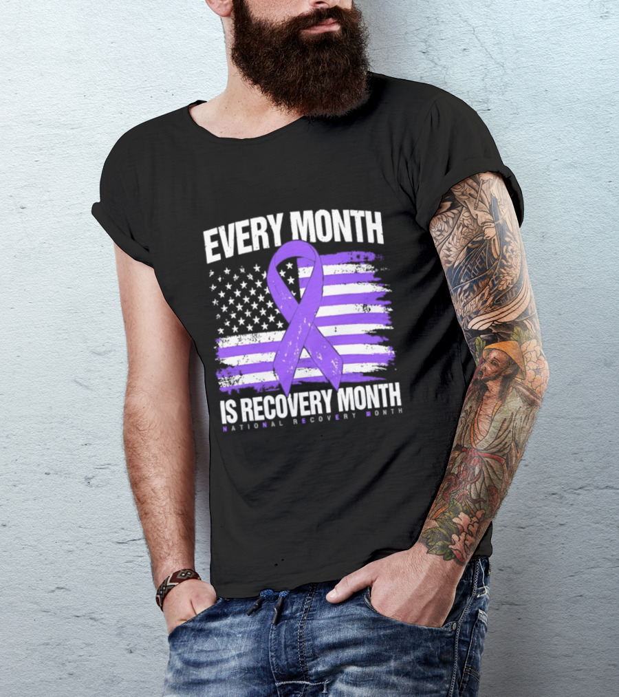 Every Month Is Recovery Month Purple Ribbon American Flag National Recovery Month T-Shirt