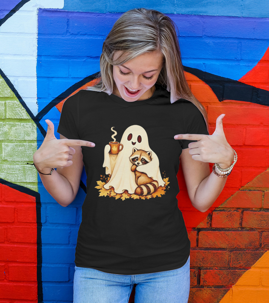 Ghost Hugging Raccoon With Coffee And Autumn Leaves T-Shirt