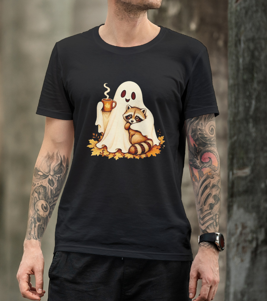Ghost Hugging Raccoon With Coffee And Autumn Leaves T-Shirt