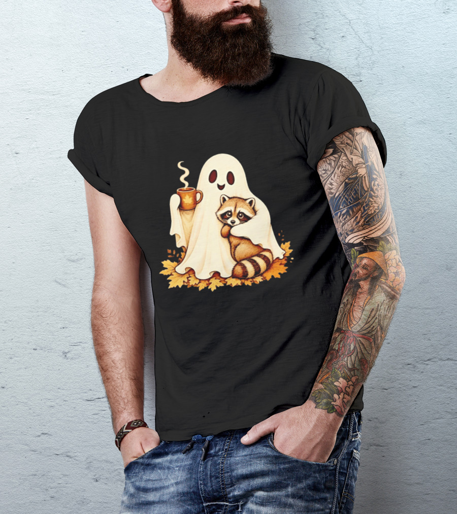 Ghost Hugging Raccoon With Coffee And Autumn Leaves T-Shirt