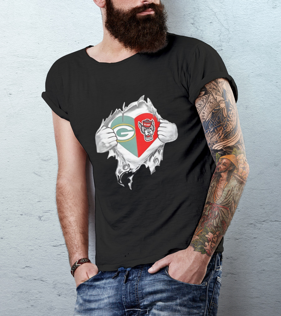 Green Bay Packers NC State Wolfpack Heart Superman Chest Rip T-Shirt