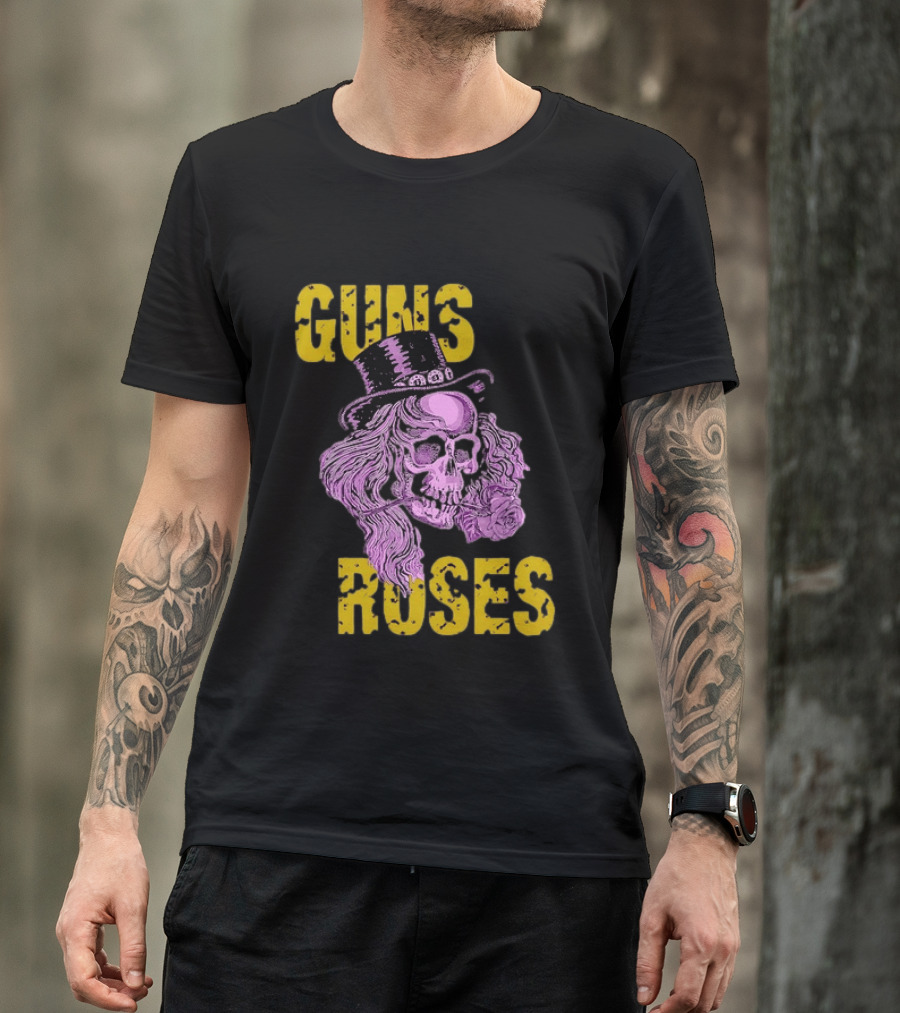 Guns N' Roses Distressed Skull With Top Hat And Roses T-Shirt