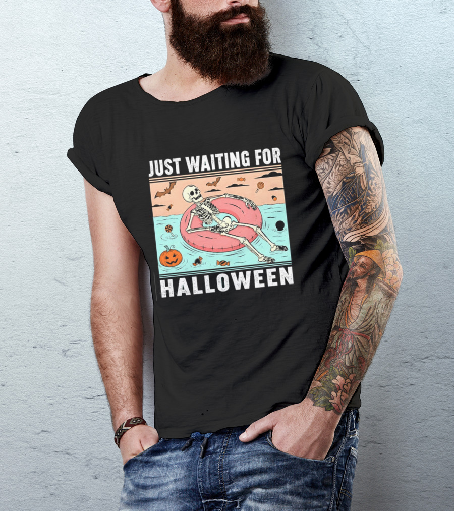 Just Waiting For Halloween Skeleton Pool Float With Candy And Pumpkin T-Shirt