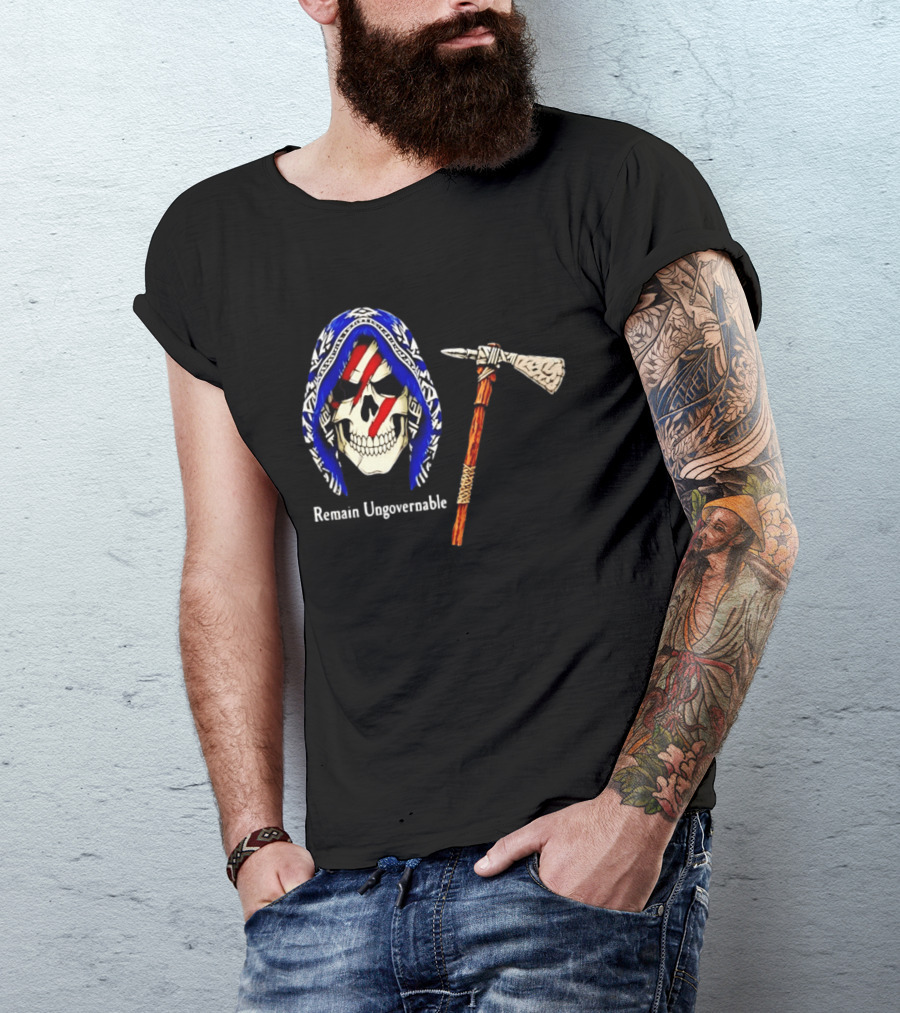 Skull With Tomahawk Remain Ungovernable Hooded Skeleton Red Marks T-Shirt
